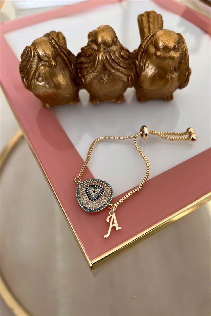 A Harfli Vip Nazar Model Asansör Ayarlı Bileklik Gold