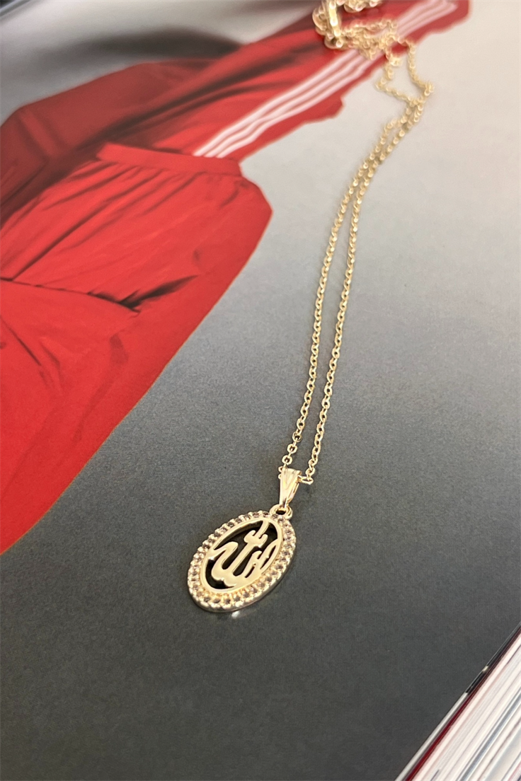 Allah Yazılı Zirkon Taşlı Kolye Gold