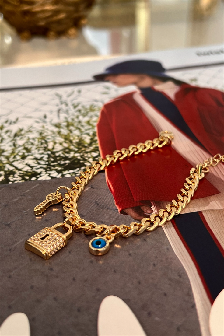 Anahtar Kilit Ve Nazar Detay Sallantılı Bileklik Gold
