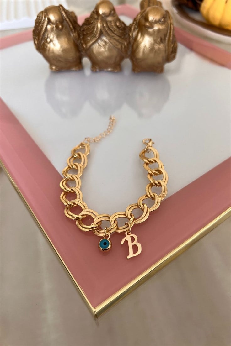 B Harfli Nazar Sallantılı Çift Zincir Bileklik Gold