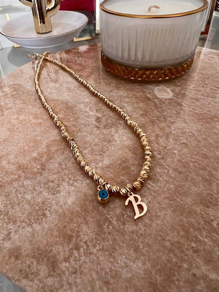 B Harfli ve Nazar Detaylı Dorika Kolye Gold