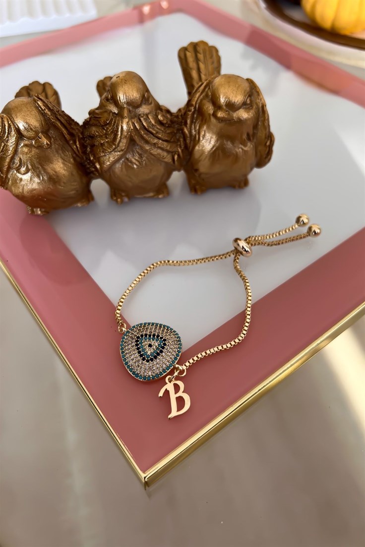B Harfli Vip Nazar Model Asansör Ayarlı Bileklik Gold