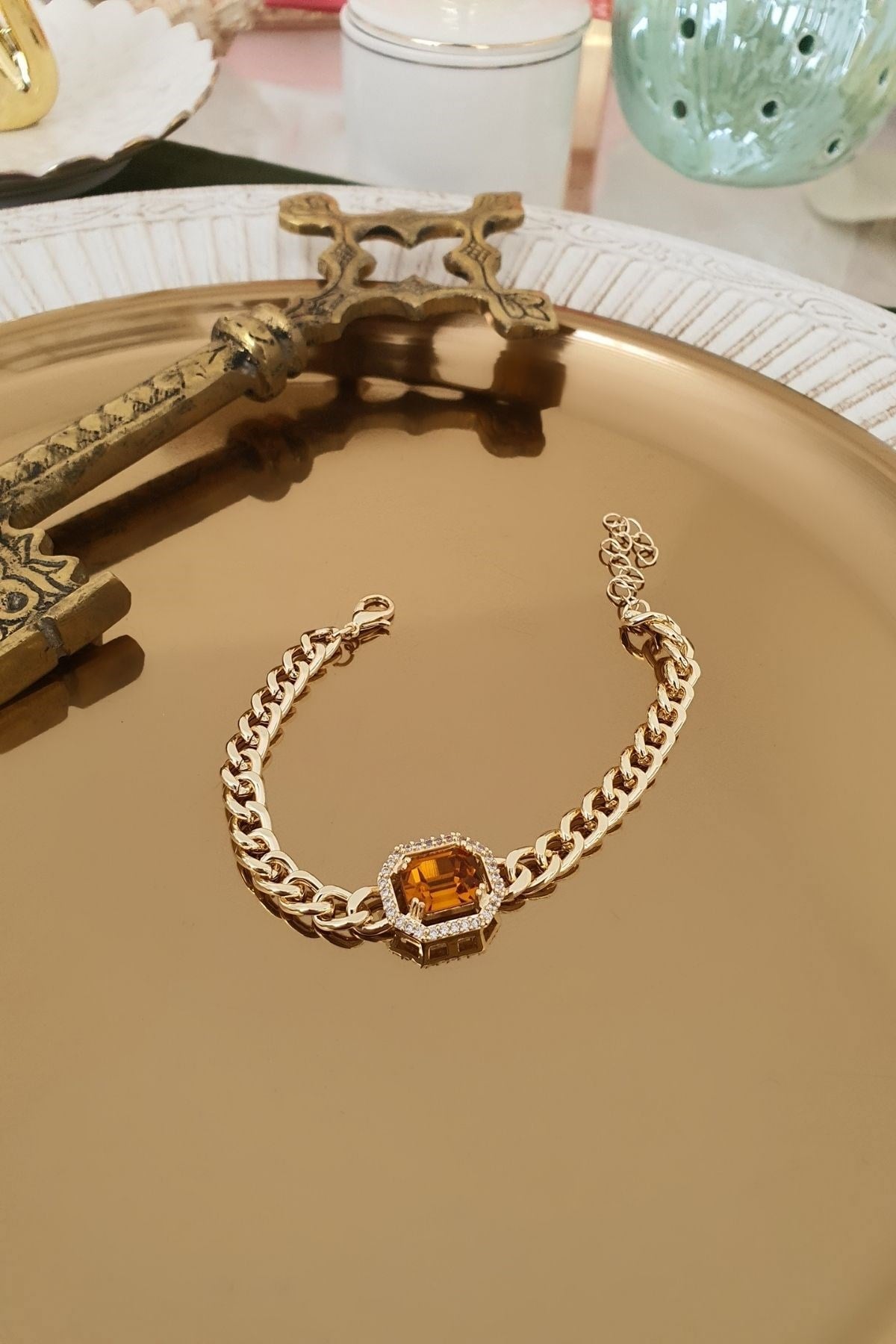 Baget Zirkon Taş Modeli Kehribar Renkli Kristal Taşlı Künye Gold