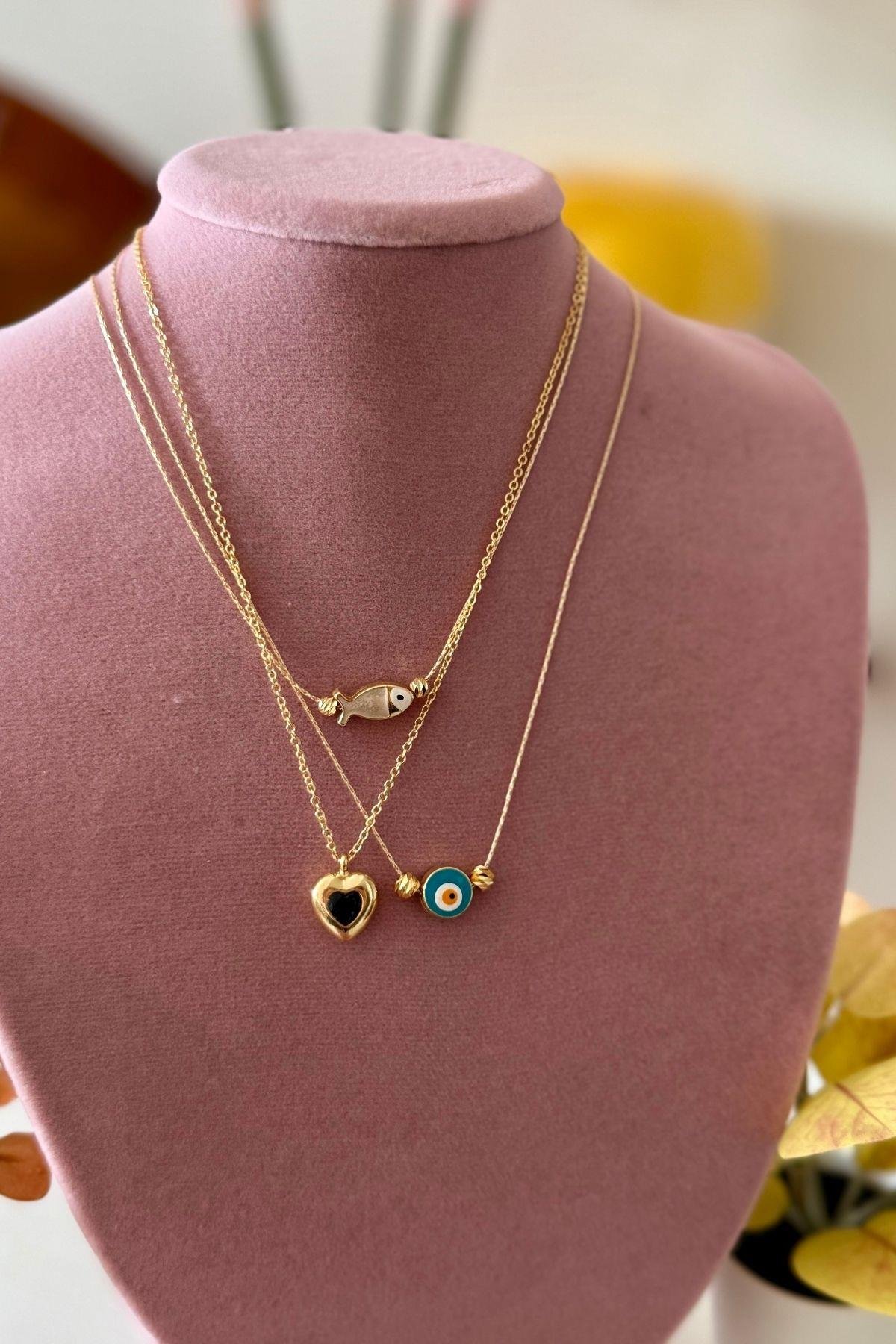 Balık,Kalp ve Nazar Kolye Kombini