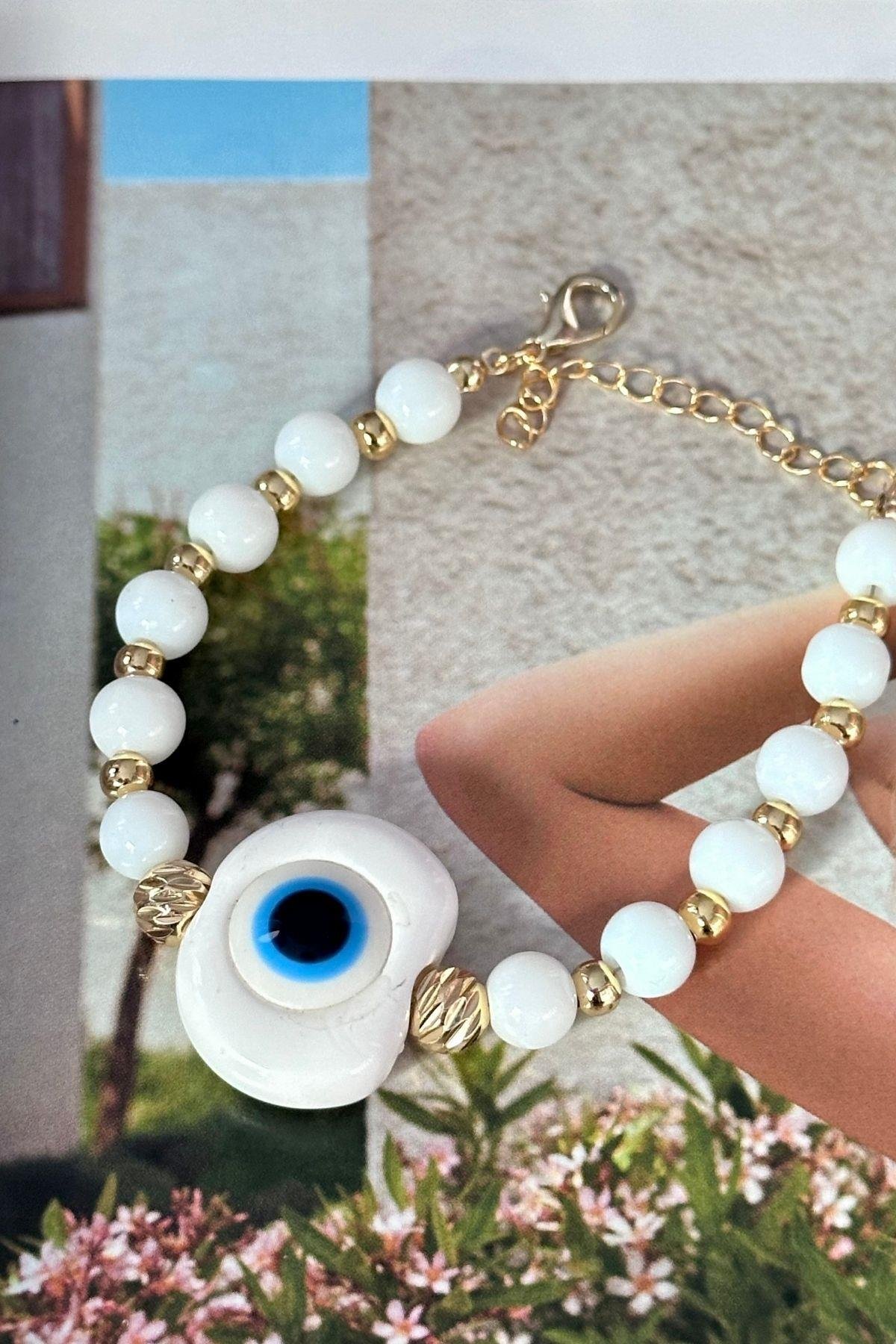 Beyaz Boncuklu Nazar Bileklik