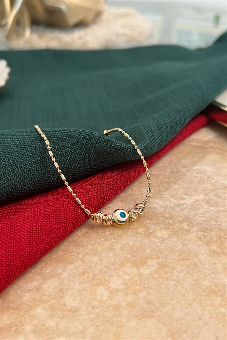 Beyaz Mineli Dorika Detaylı İnce Zincirli Bileklik Gold