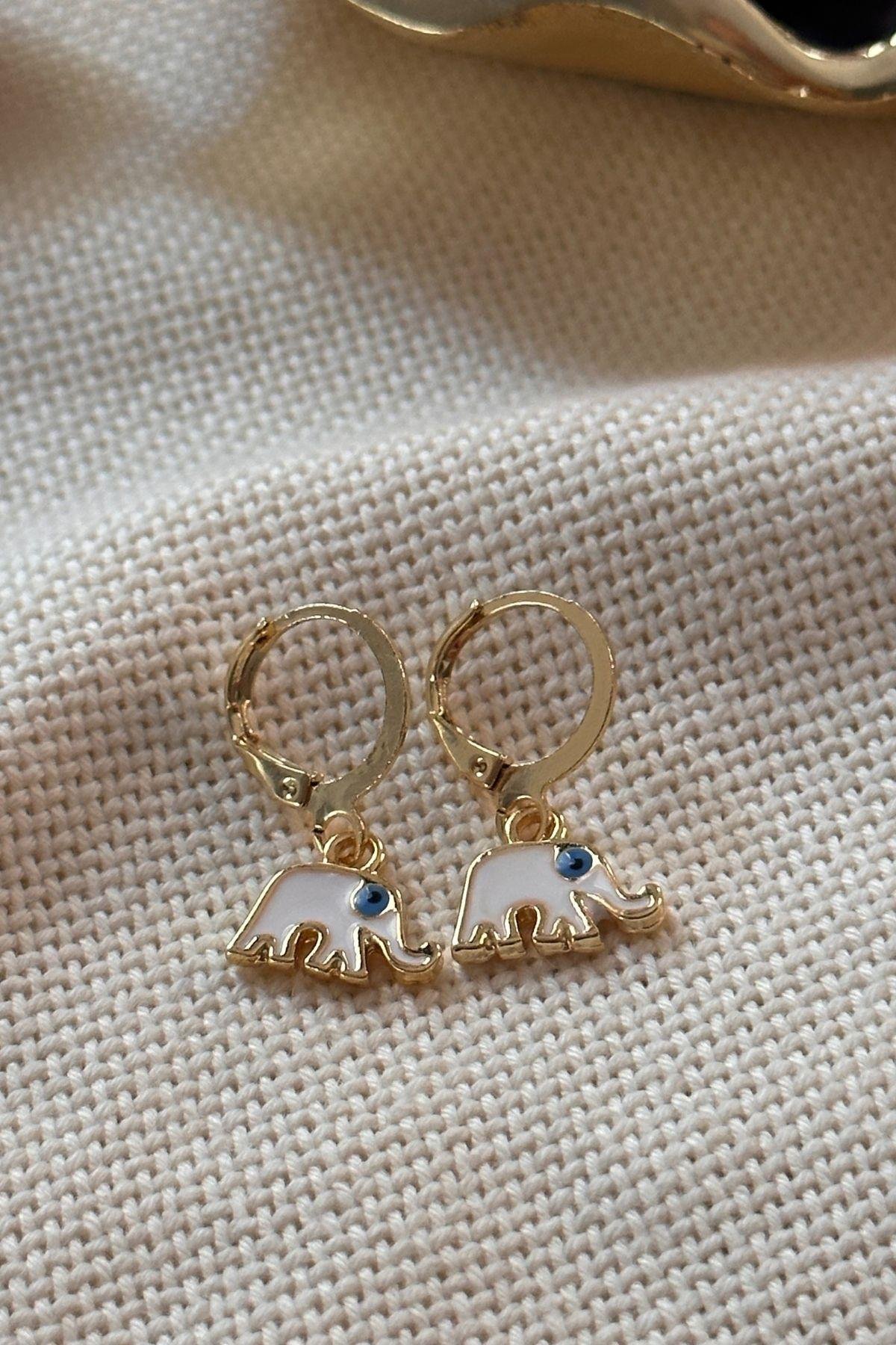 Beyaz Mineli Fil Figürlü Küpe