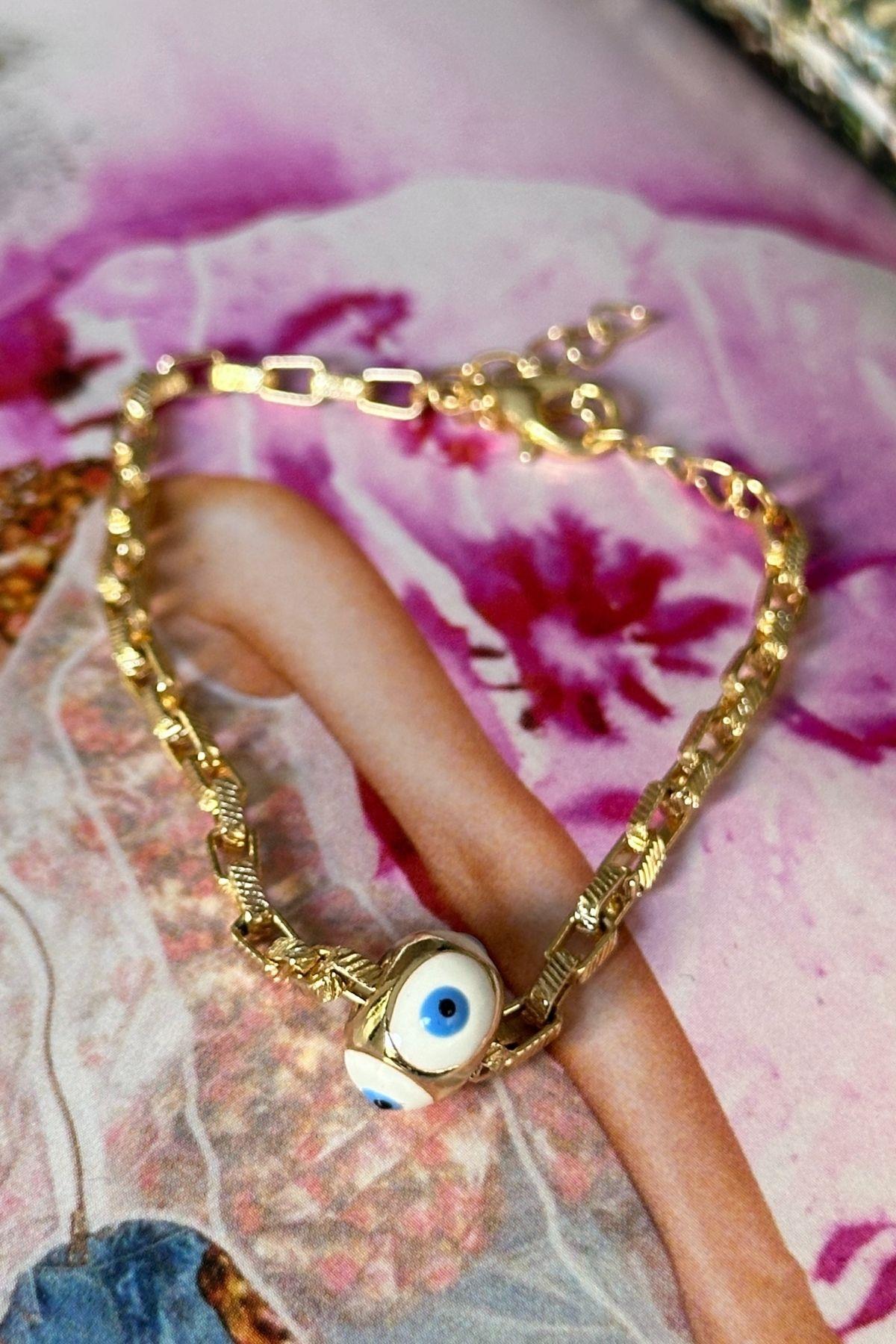 Beyaz Mineli Kare Zincirli Bileklik