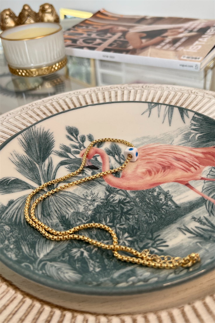 Beyaz Nazar Nostalji Boncuklu Yılan Zincir Model Kolye Gold