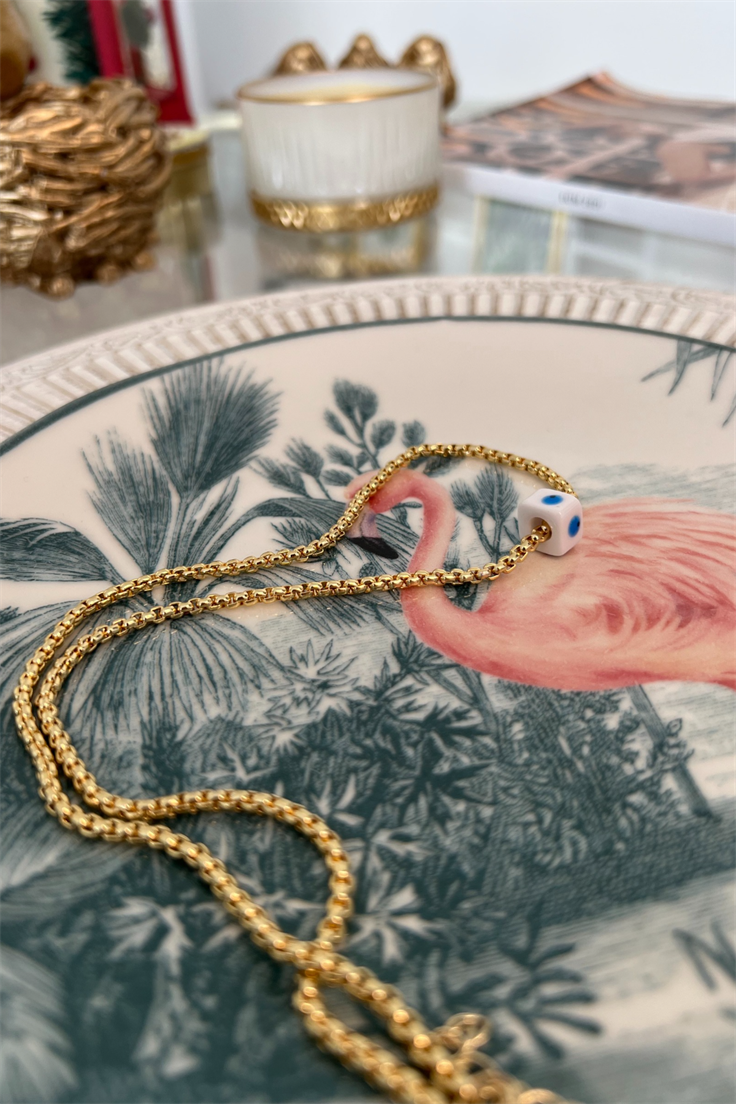 Beyaz Nazar Nostalji Boncuklu Yılan Zincir Model Kolye Gold