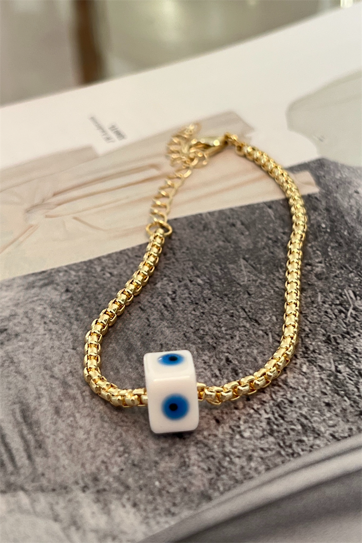 Beyaz Nazar Nostalji Boncuklu Yılan Zincir Model Künye Gold