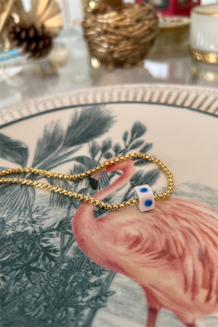 Beyaz Nazar Nostalji Boncuklu Yılan Zincir Model Kolye Gold