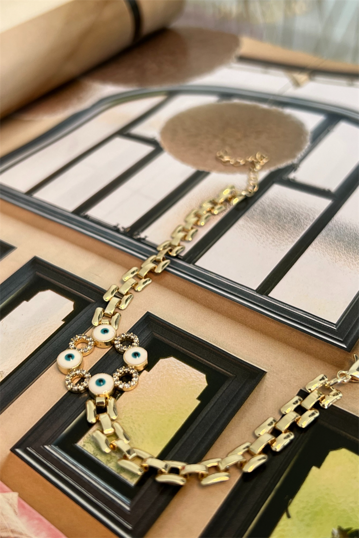Beyaz Nazar Ve Zirkon Taşlı Daire Model Ezme Zincir Bileklik Gold
