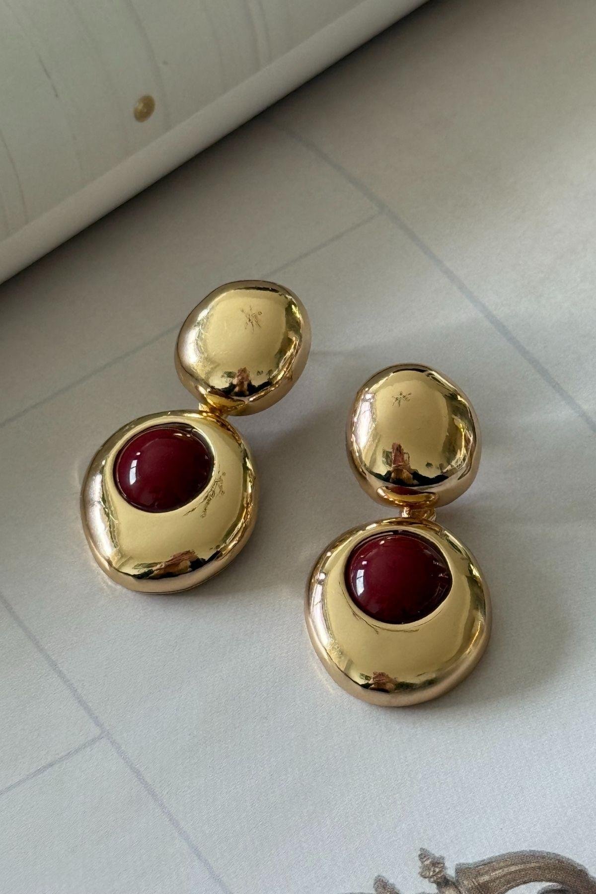 Bordo Taşlı Gold Sallantılı Küpe