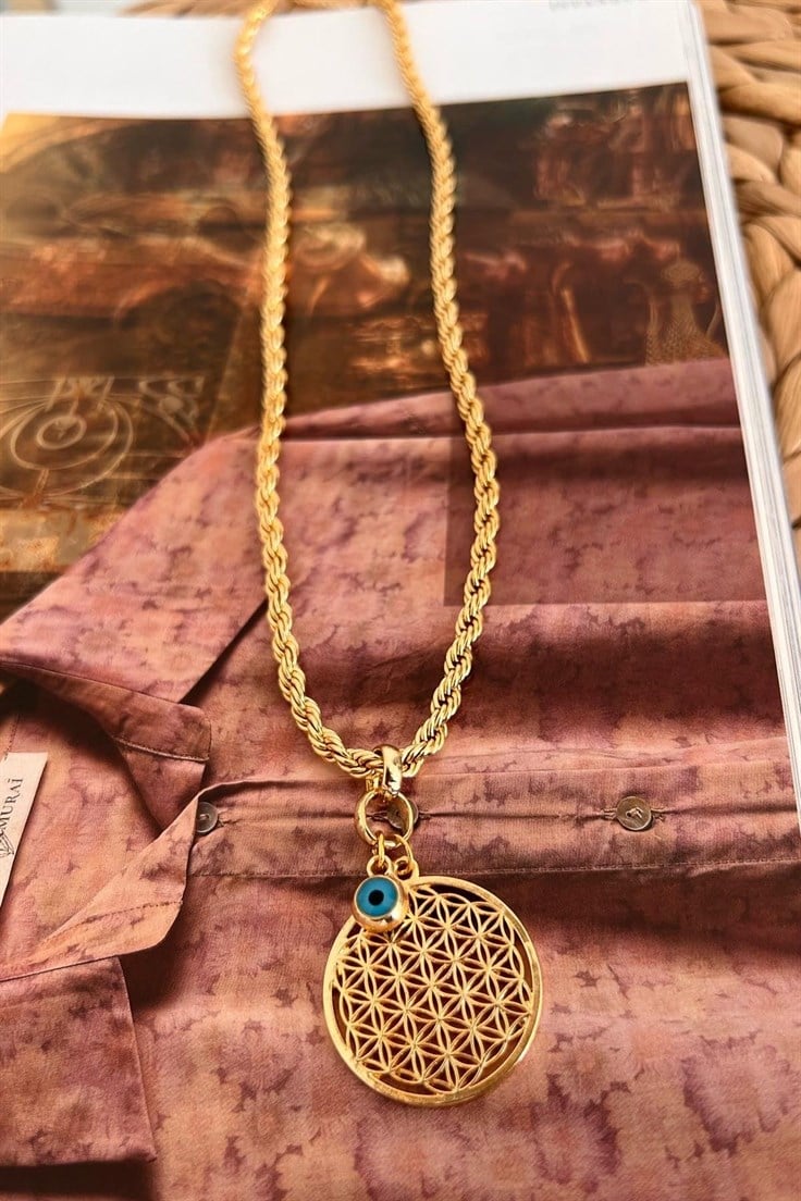 Burgu Zincirli Yaşam Çiçeği ve Nazar Detaylı Kolye Gold