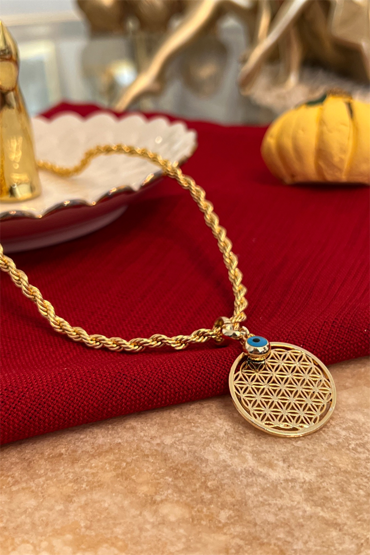 Burgu Zincirli Yaşam Çiçeği ve Nazar Detaylı Kolye Gold