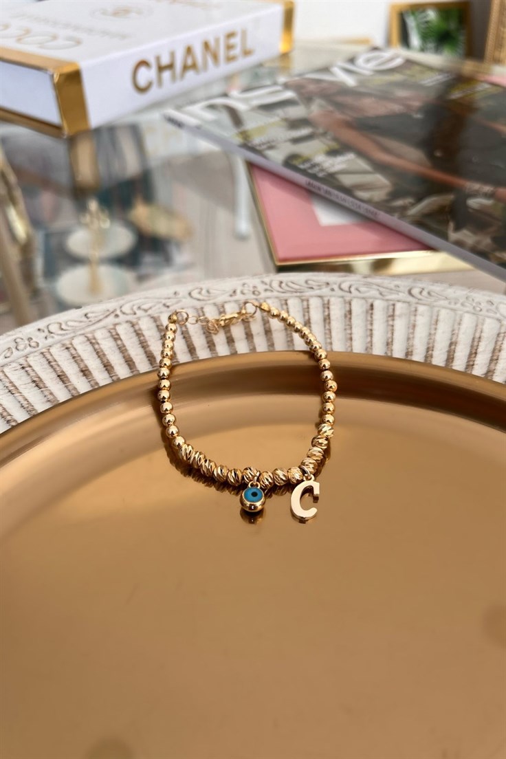 C Harf ve Nazar Sallantılı Dorika Bileklik Gold