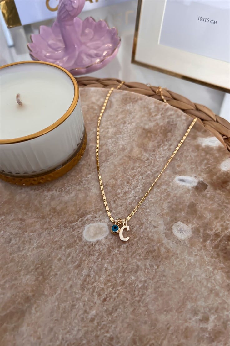 C Harfli ve Nazar Sallantılı İnce Zincirli Kolye Gold