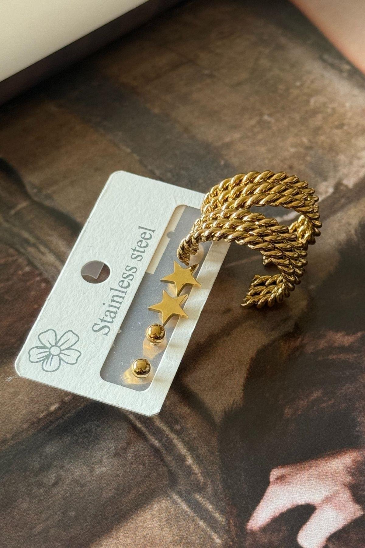 Çelik 6lı Halka Yıldız Top Çiftli Küpe