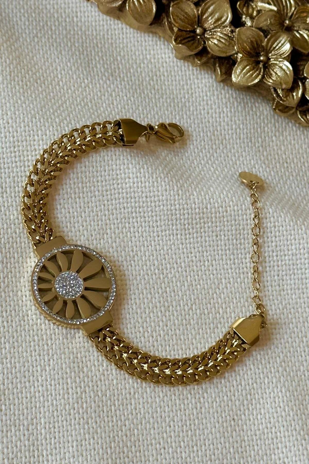 Çelik Çiçek Figürlü Kalın Zincir Bileklik