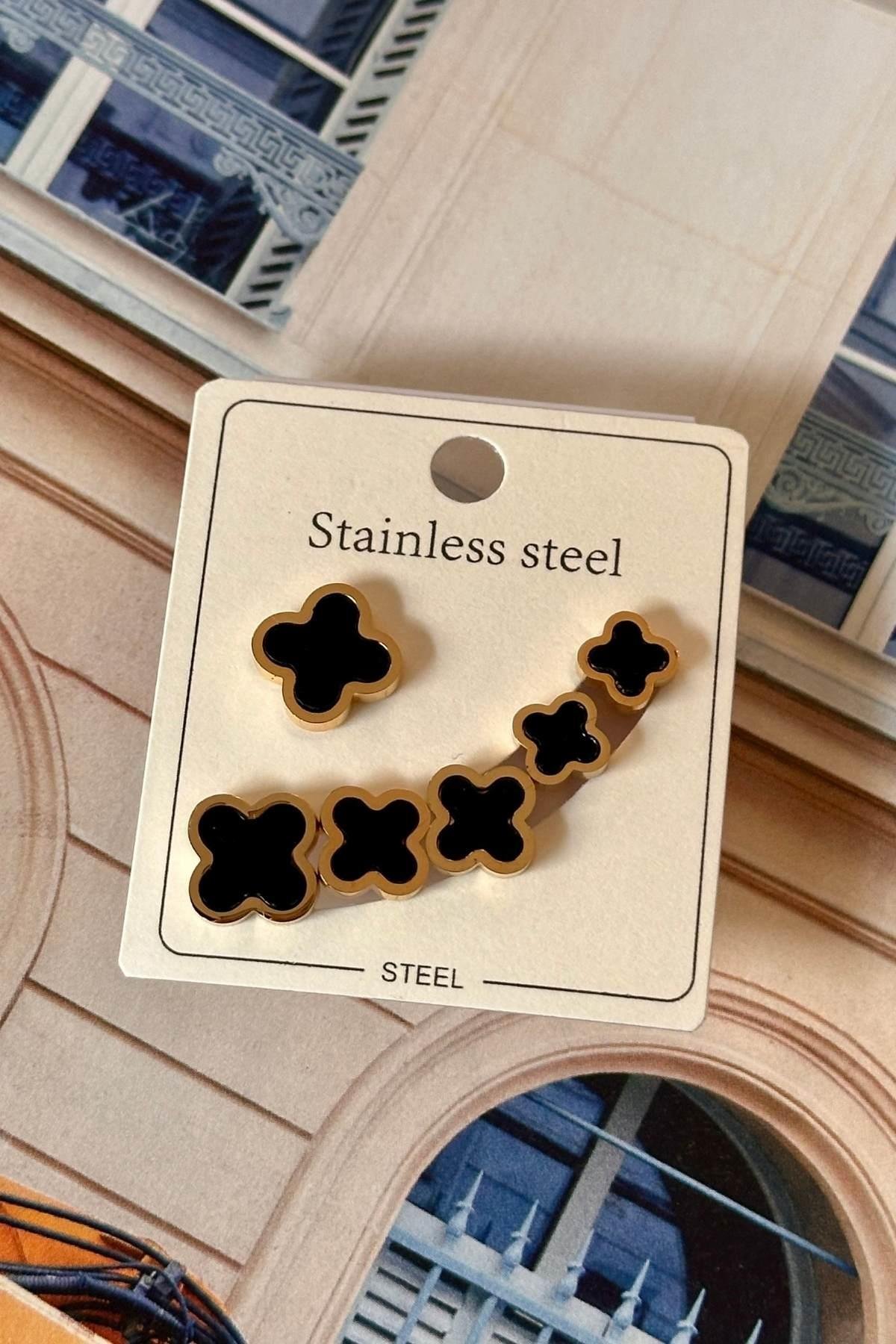 Çelik Çoklu Siyah Mineli Yonca Küpe