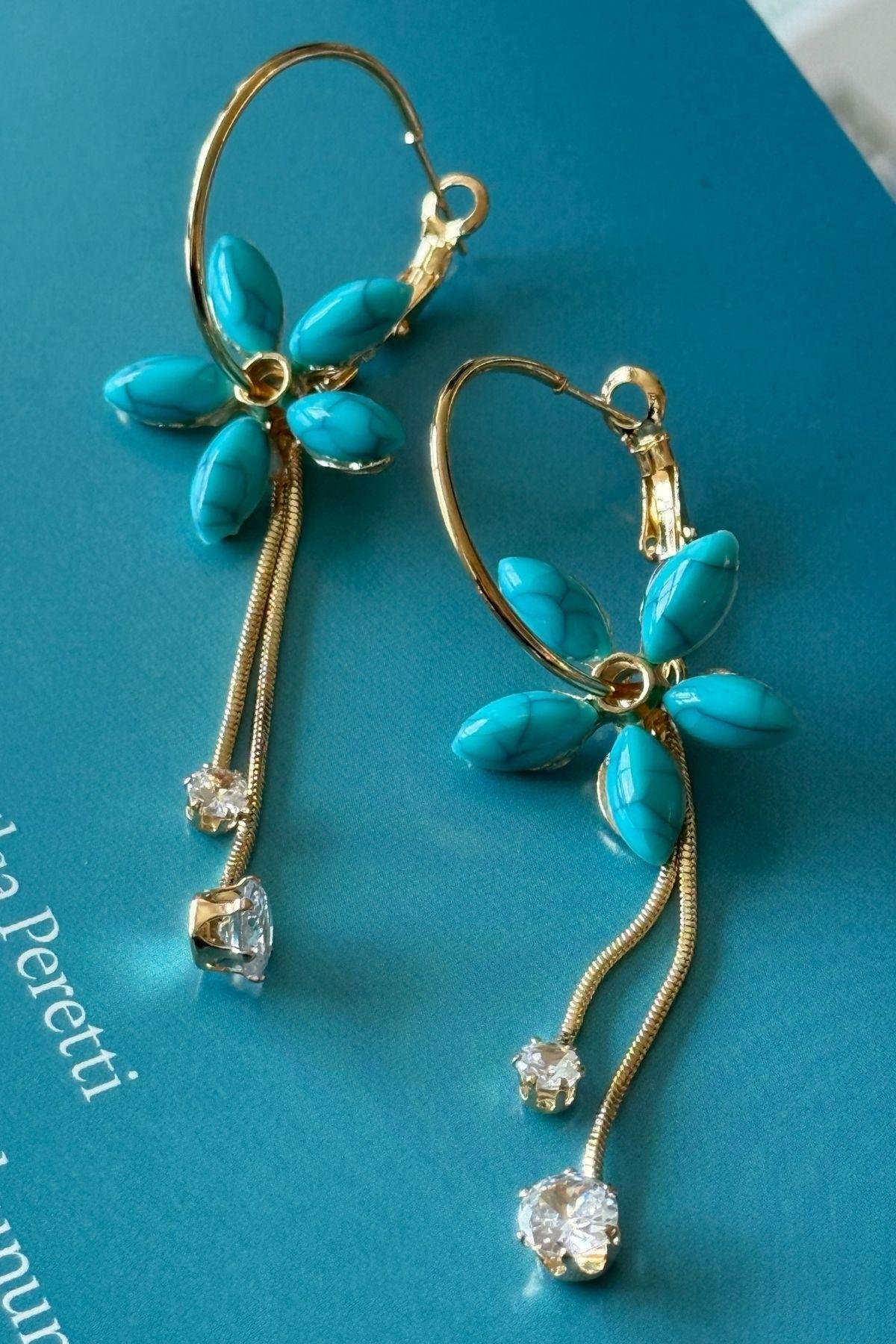 Çelik Firuze Taşlı Zirkon Taş Sallantılı Çiçek Küpe