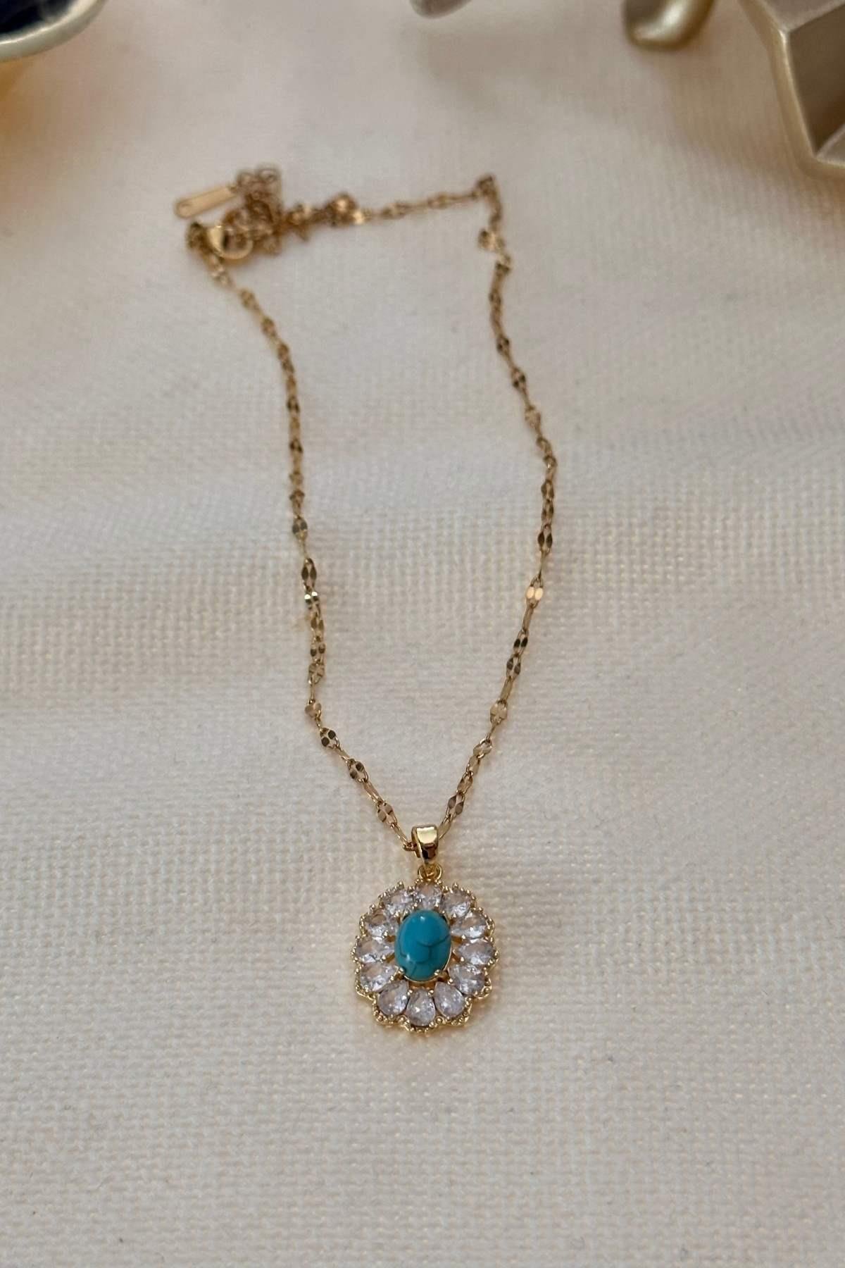 Çelik Firuze Zirkon Taşlı Kolye