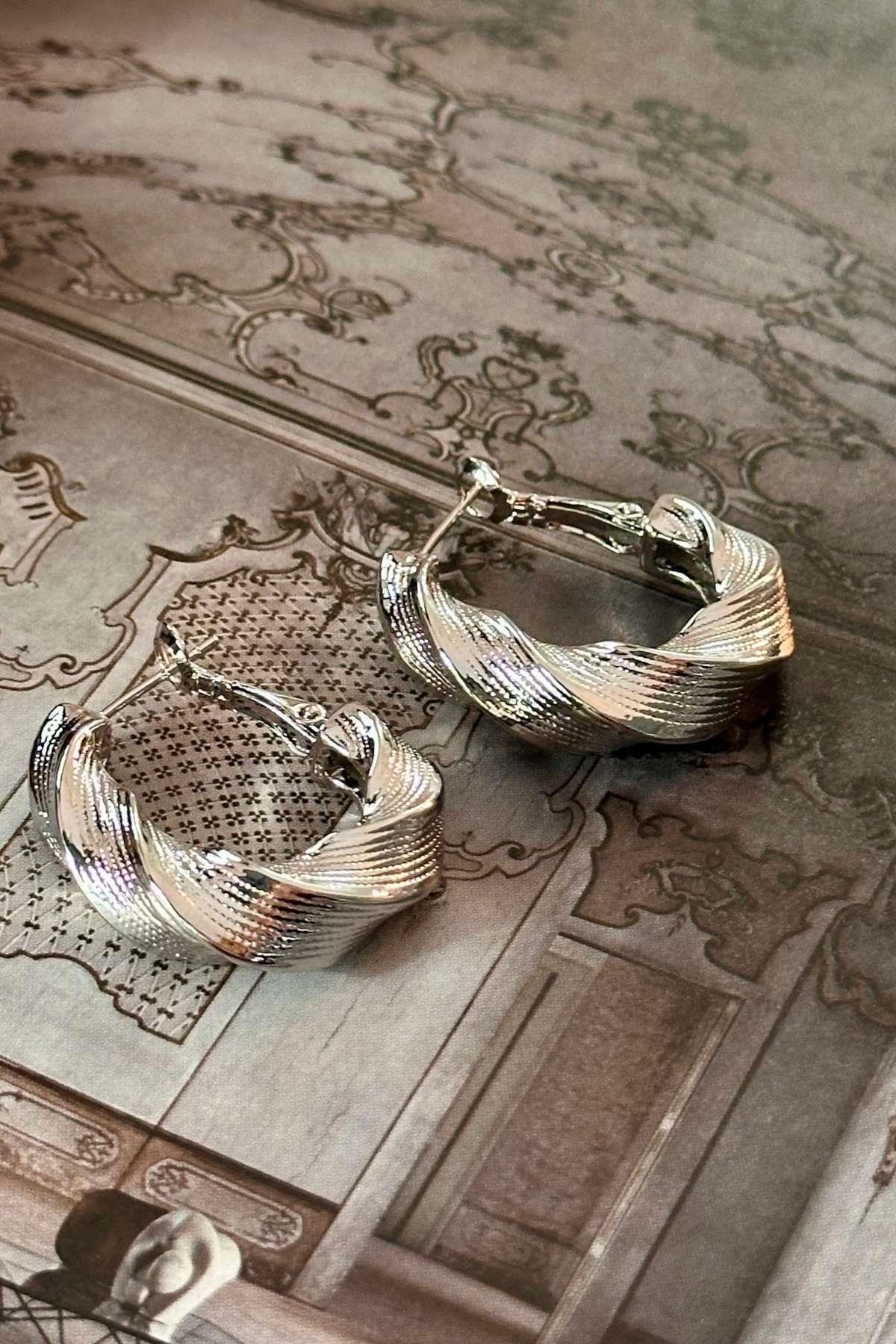 Çelik Gümüş Renk Burgu Detaylı Küpe