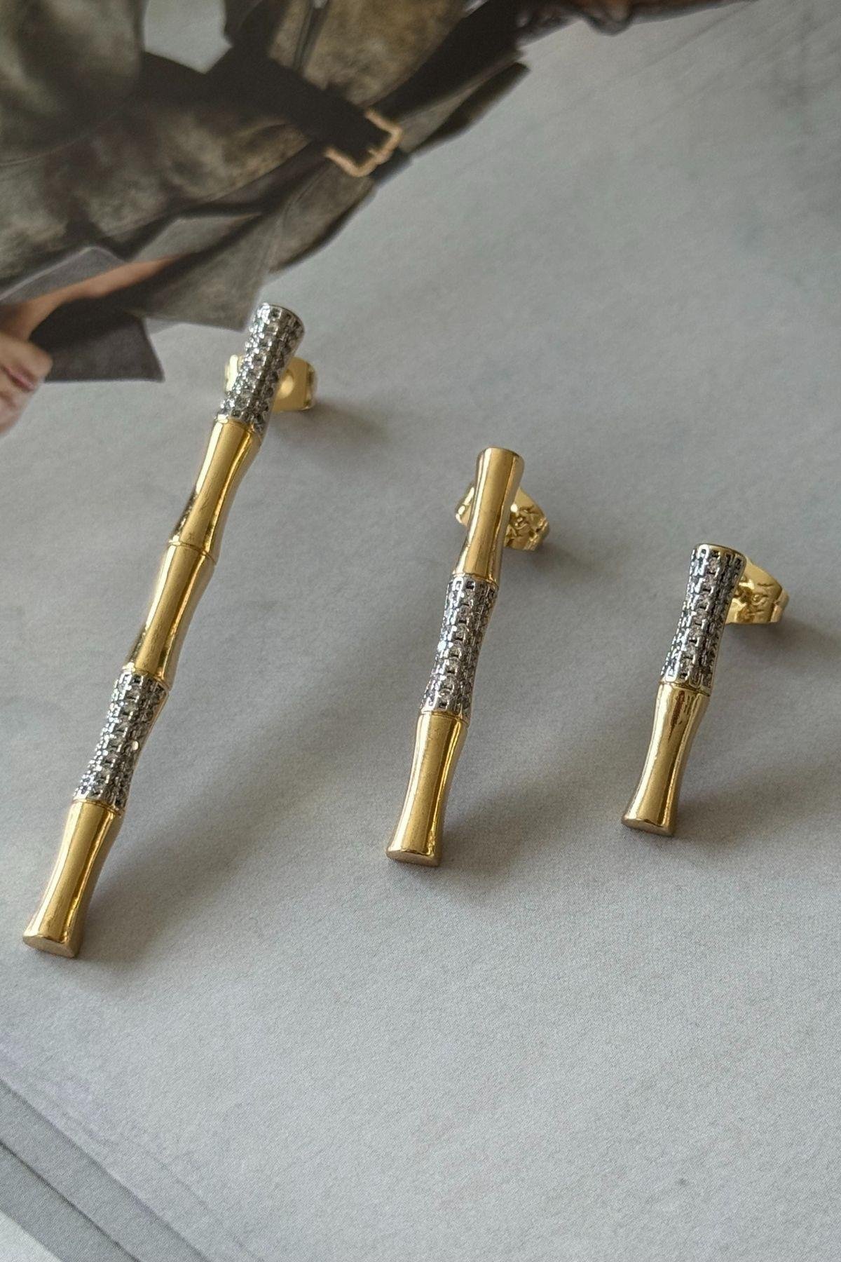 Çelik İki Renk Kemik Model Üçlü Set Küpe