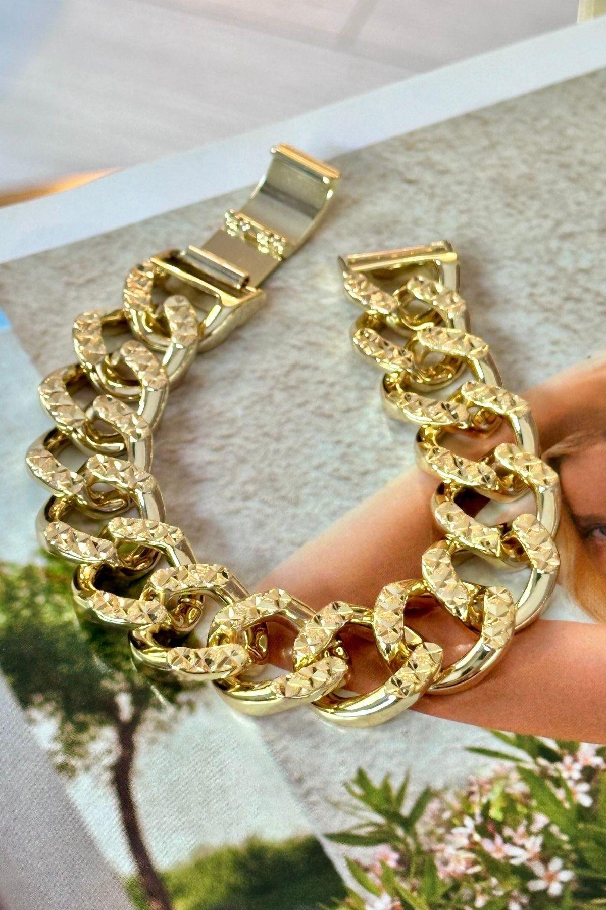 Çelik Kalın Lazer Kesimli Zincir Bileklik