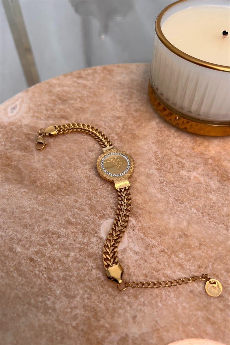 Çelik Kalın Zincir Model Tuğra Detaylı Bileklik Gold