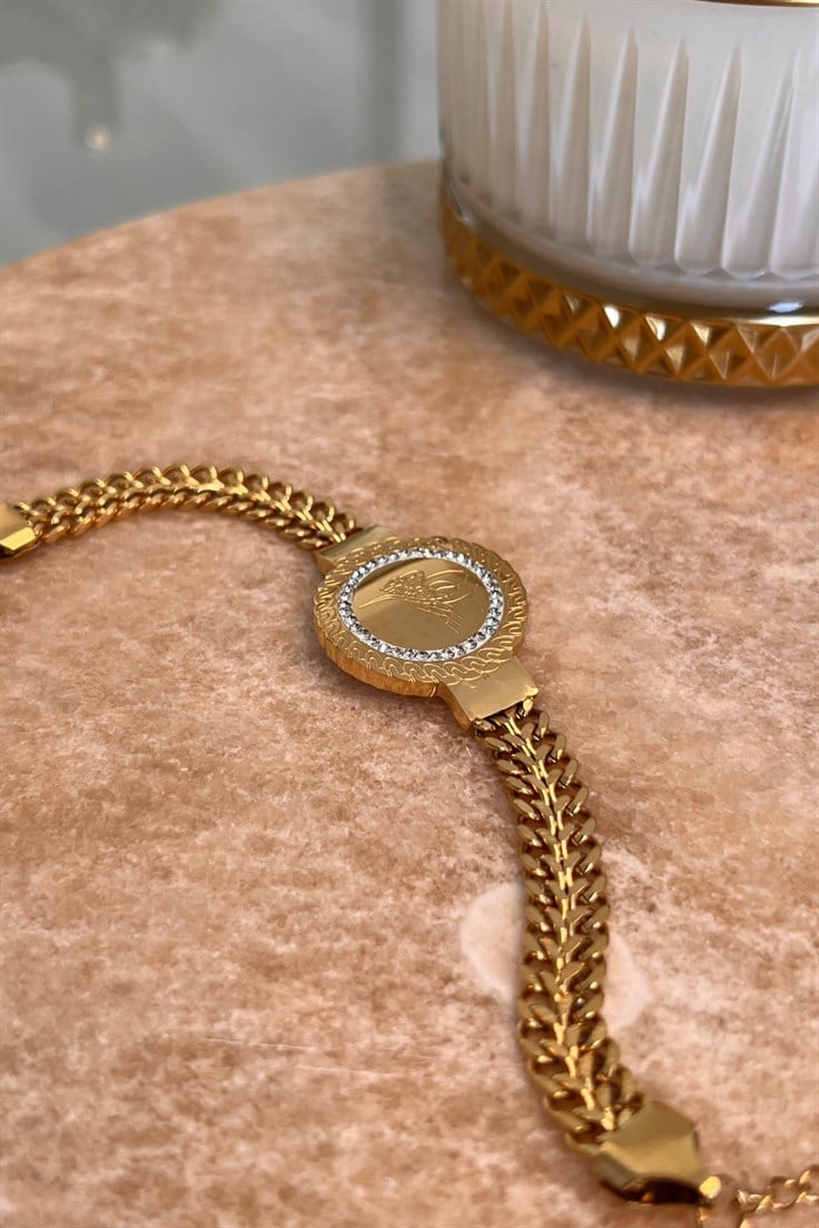 Çelik Kalın Zincir Model Tuğra Detaylı Bileklik Gold