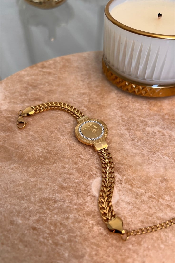 Çelik Kalın Zincir Model Tuğra Detaylı Bileklik Gold