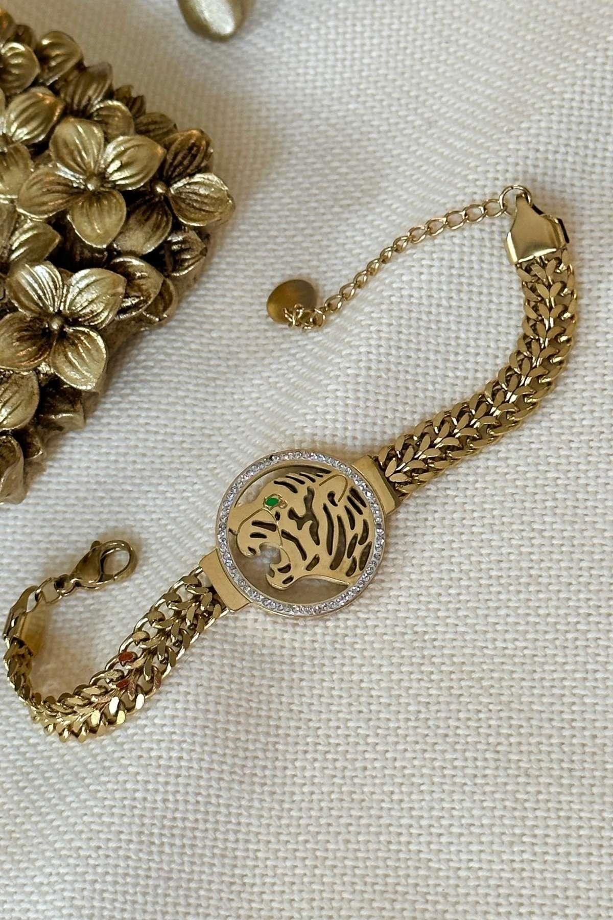 Çelik Kaplan Figürlü Kalın Zincirli Bileklik