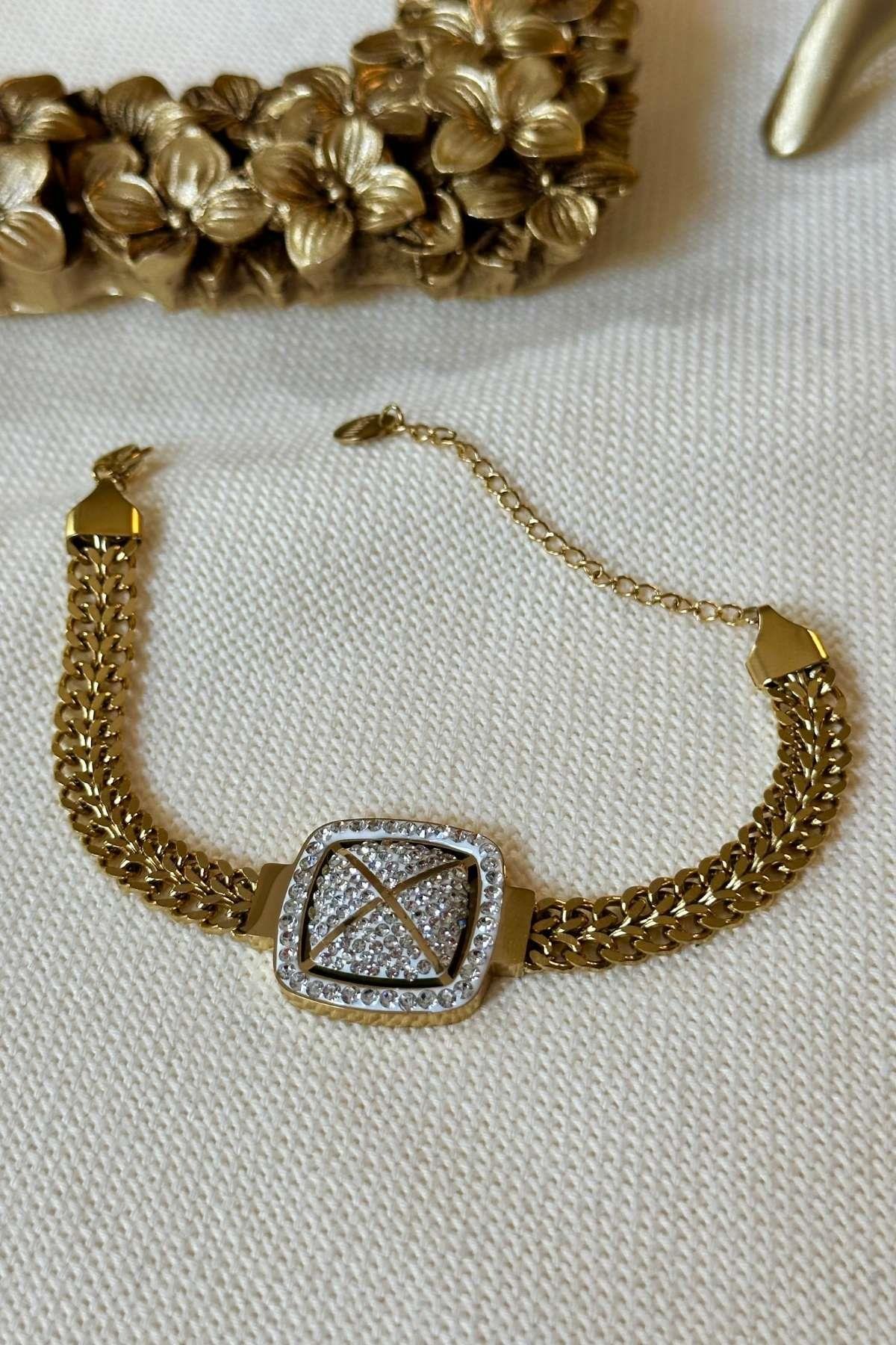 Çelik Kare Taşlı Kalın Zincir Bileklik