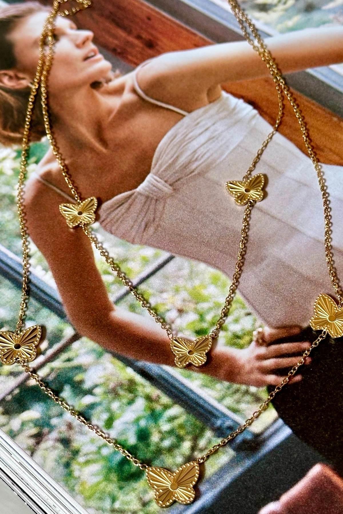 Çelik Kelebek Model İki Zincirli Kolye