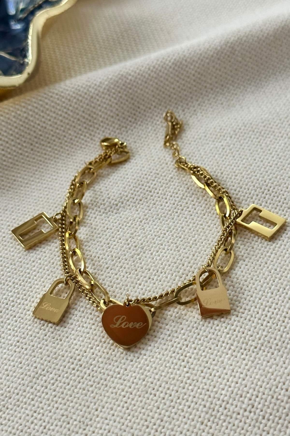 Çelik Love Yazılı İki Zincirli Bileklik