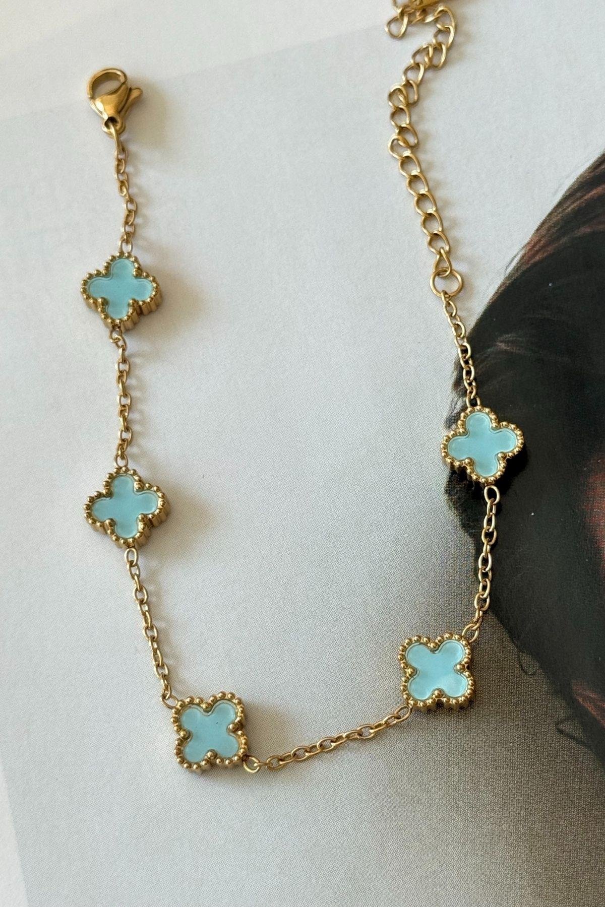 Çelik Mavi Renk Yonca Bileklik