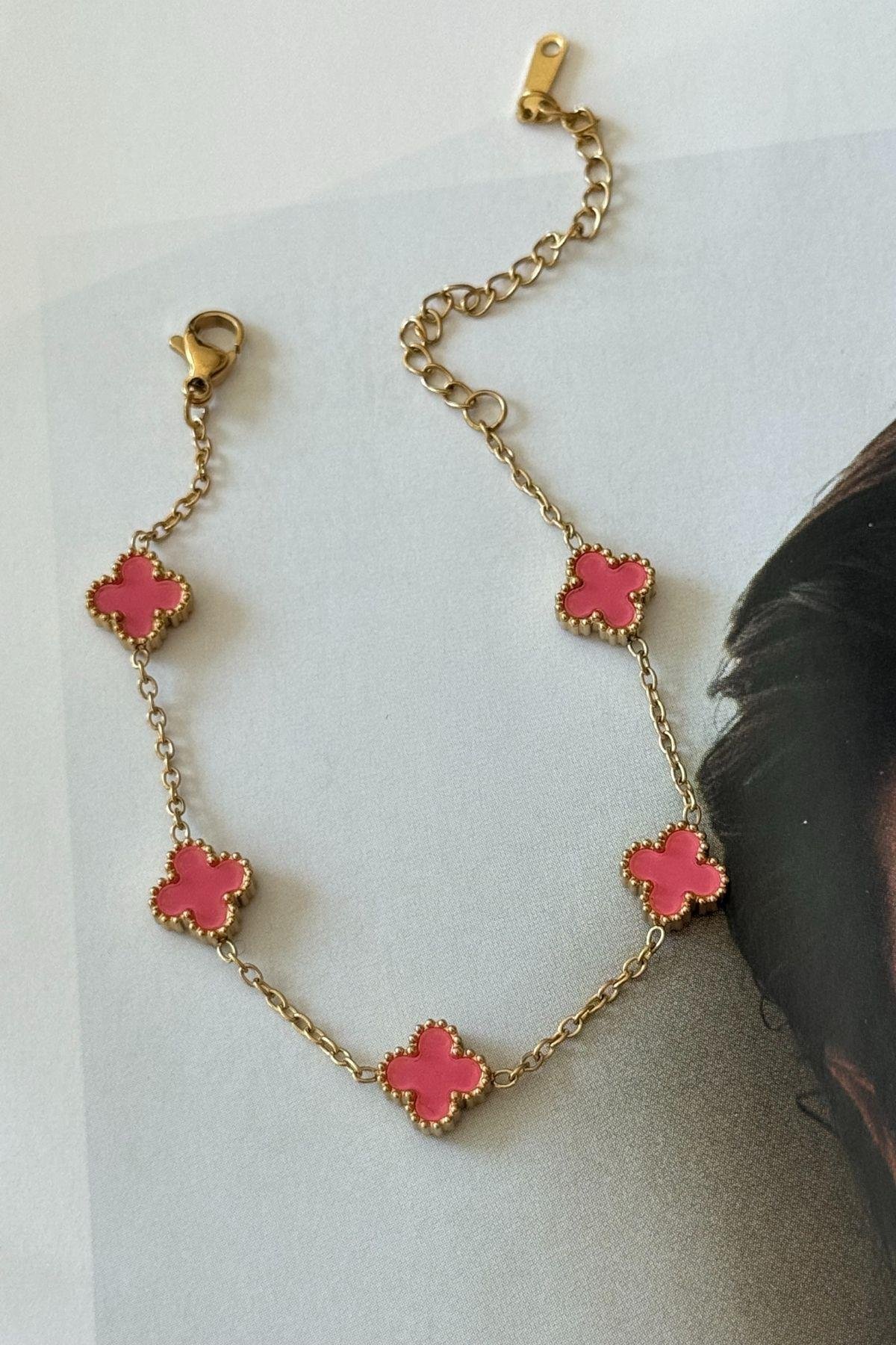 Çelik Pembe Renk Yonca Bileklik