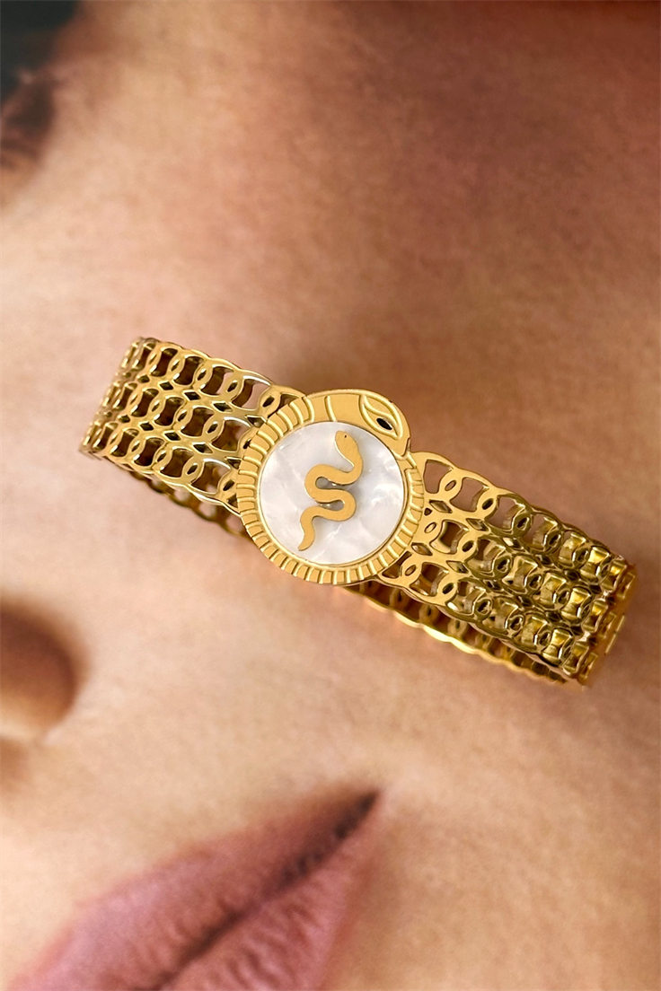 Çelik Sedef Taşlı Yılan Figürlü Tamtur Kelepçe