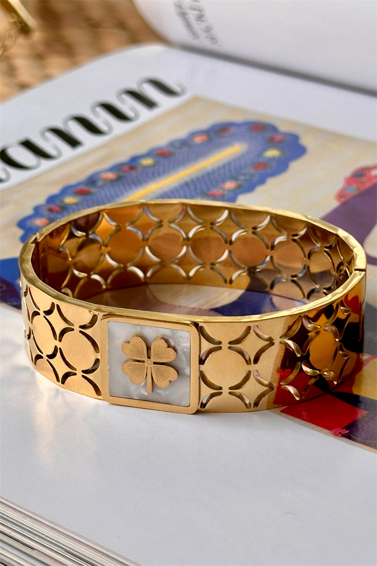 Çelik Sedef Taşlı Yonca Model Kalın Kelepçe