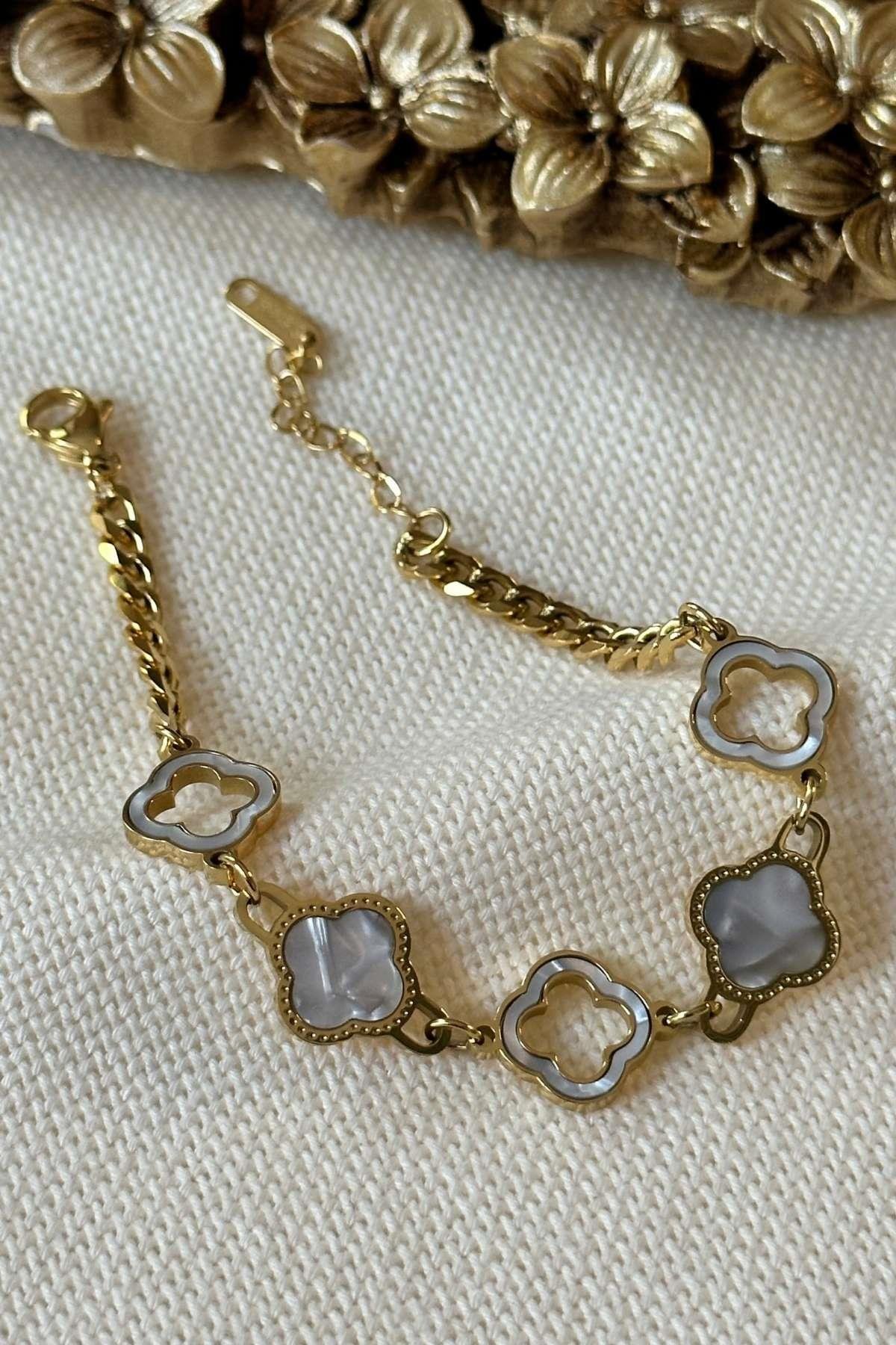 Çelik Sedefli Yonca Sıralı Bileklik