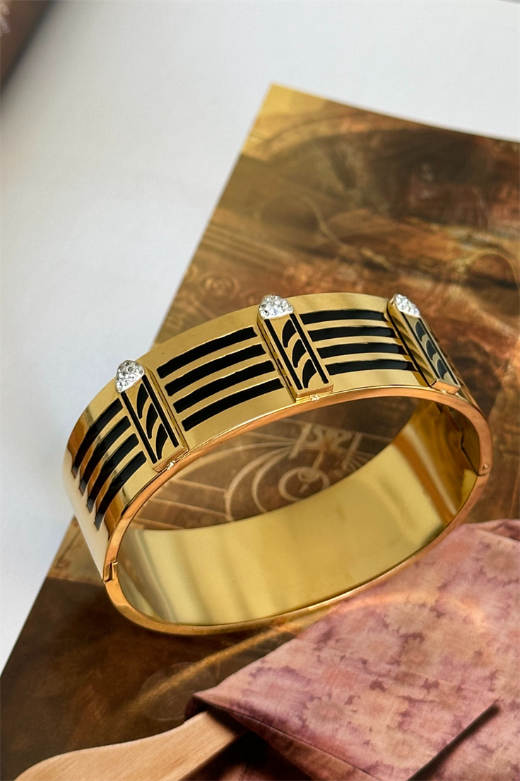 Çelik Siyah Şeritli Zirkon Taşlı Kelepçe