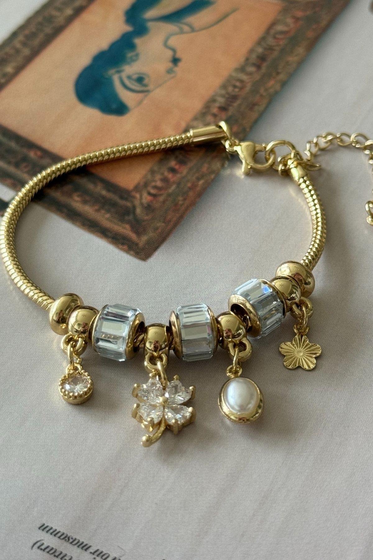 Çelik Yılan Zincirli Yonca Bileklik