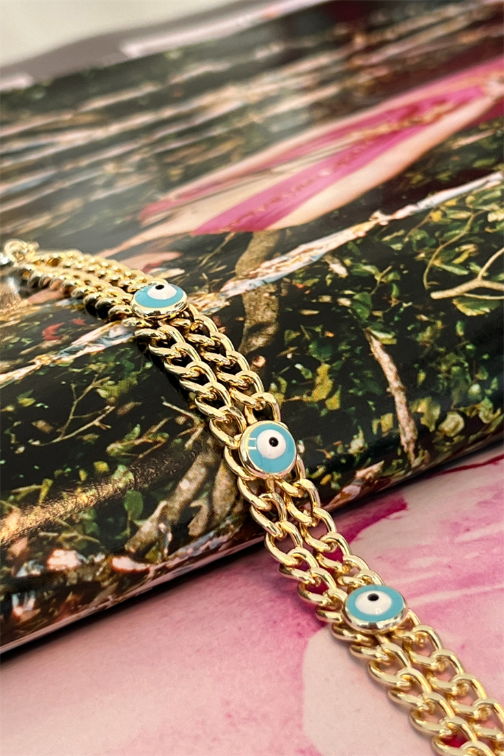 Çift Zincirli Turkuaz Mineli Nazar Model Bileklik Gold