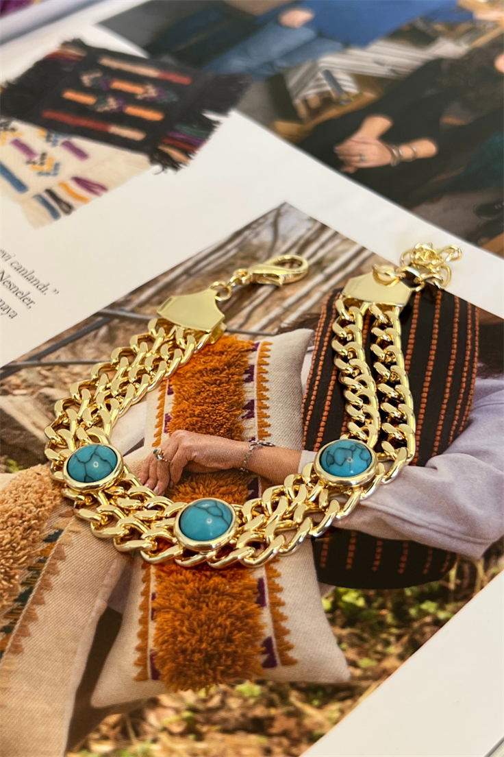 Çift Zincirli Yeşim Taşlı Zincir Bileklik Gold