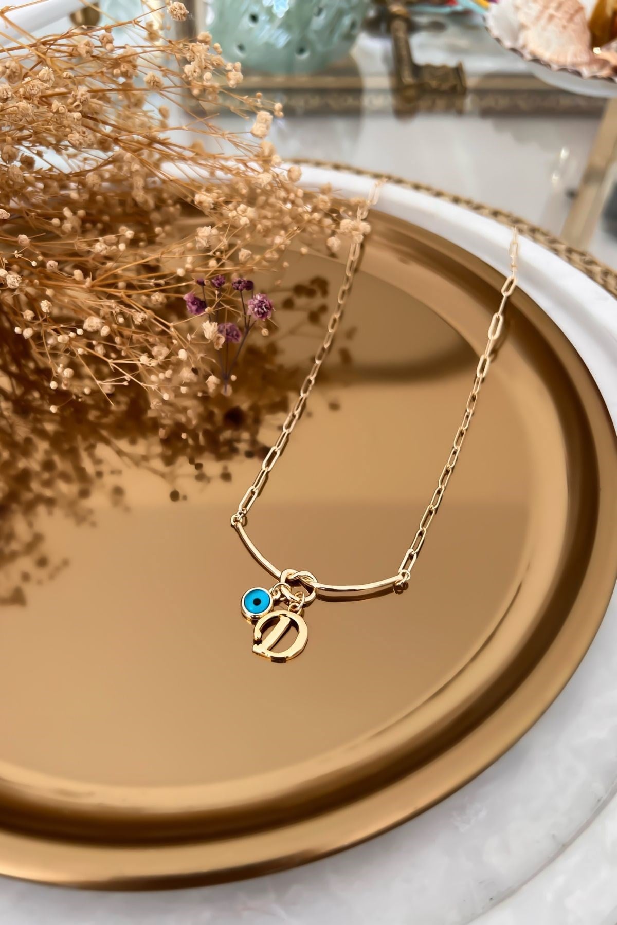 D Harfli ve Nazar Sallantılı Düğüm Kolye Gold