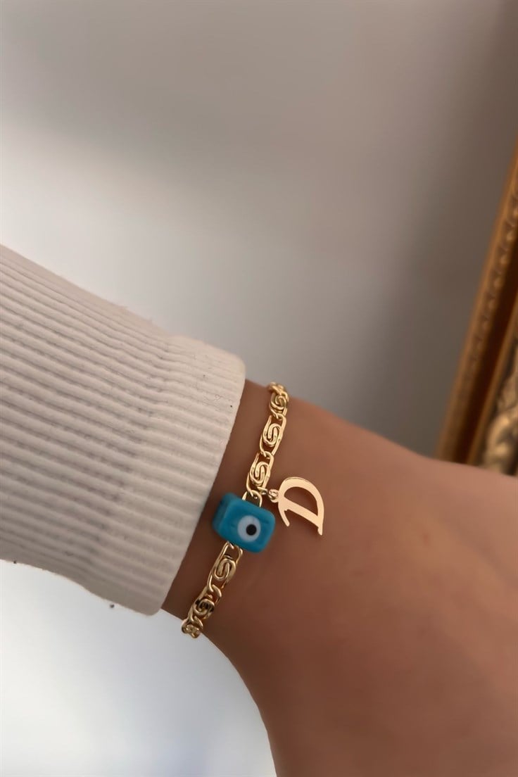 D Harfli ve Nostalji Boncuklu Ezme Zincir Bileklik Gold