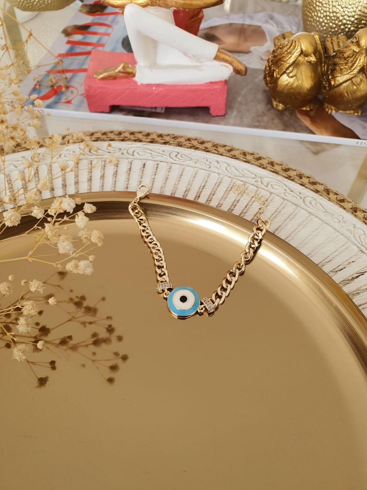 Daire Turkuaz Nazar Model Zincir Bileklik Gold