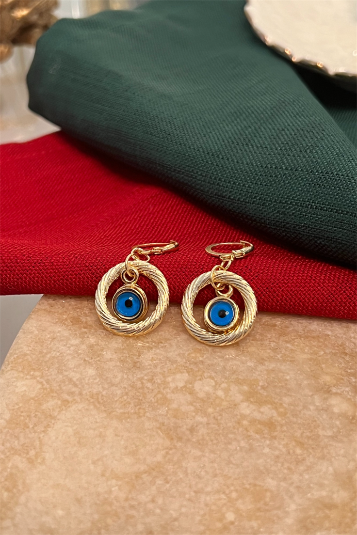 Daire Ve Nazar Sallantılı Halka Küpe Gold